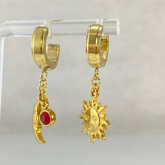 Sun & Moon Birthstone Huggie Hoop Earrings - Handmade - Picture 3 of 8